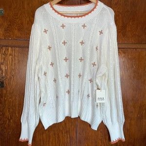 NWT Chunky Knit Embroidered Snowdrift Oversized Pullover Sweater Women's 2X